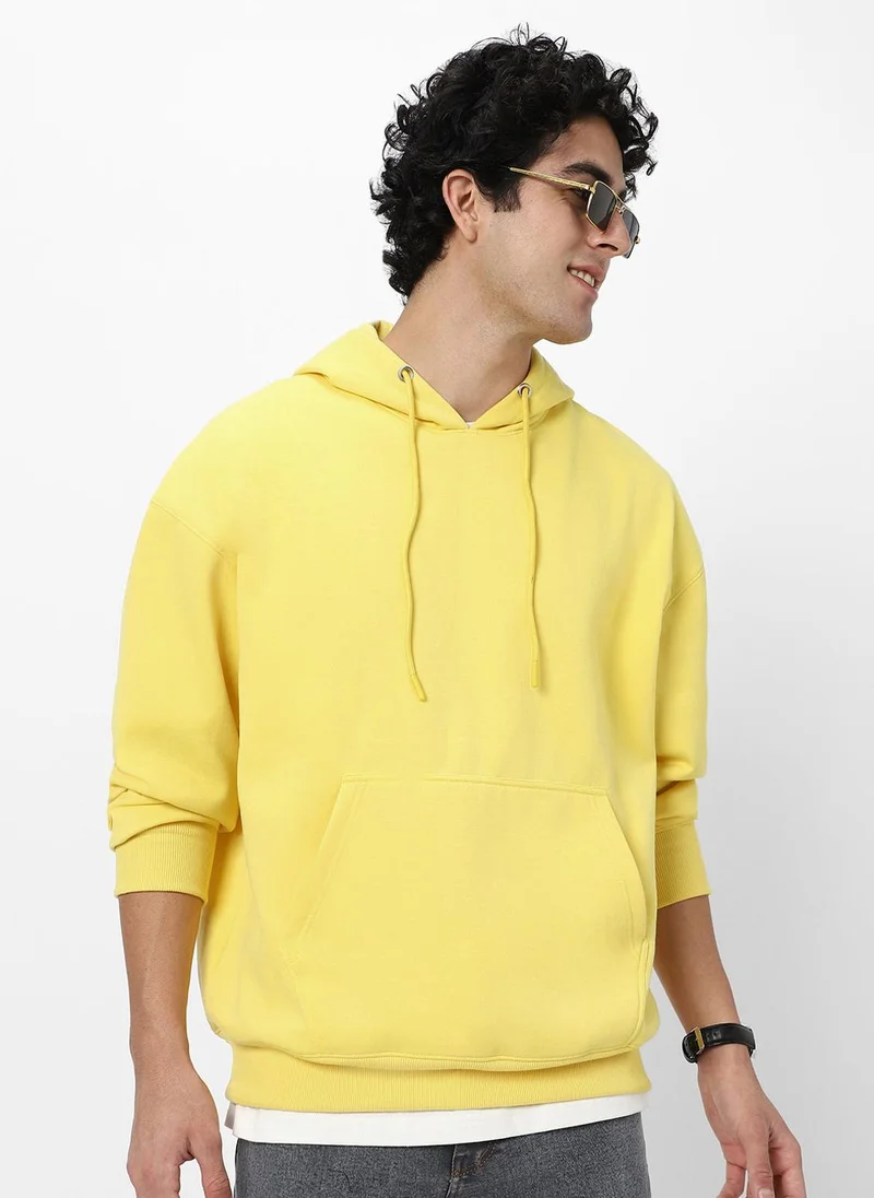 Urbano Fashion Men's Sun Yellow Cotton Solid Oversized Hooded Neck Sweatshirt